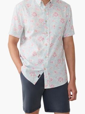 Faherty Breeze Light Blue Short-Sleeve Button-Down with Pink Floral Print